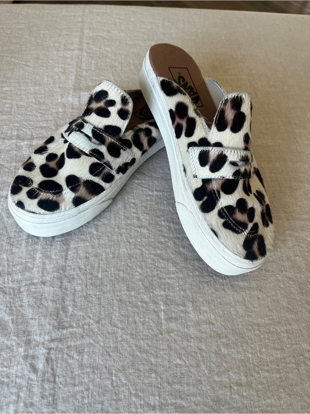 Vans Leopard Print Slip-On Mules in White, Black, Brown Calf Hair 7